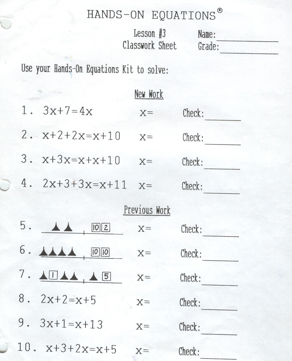 Monday, March 11, 11 Pertaining To Hands On Equations Worksheet